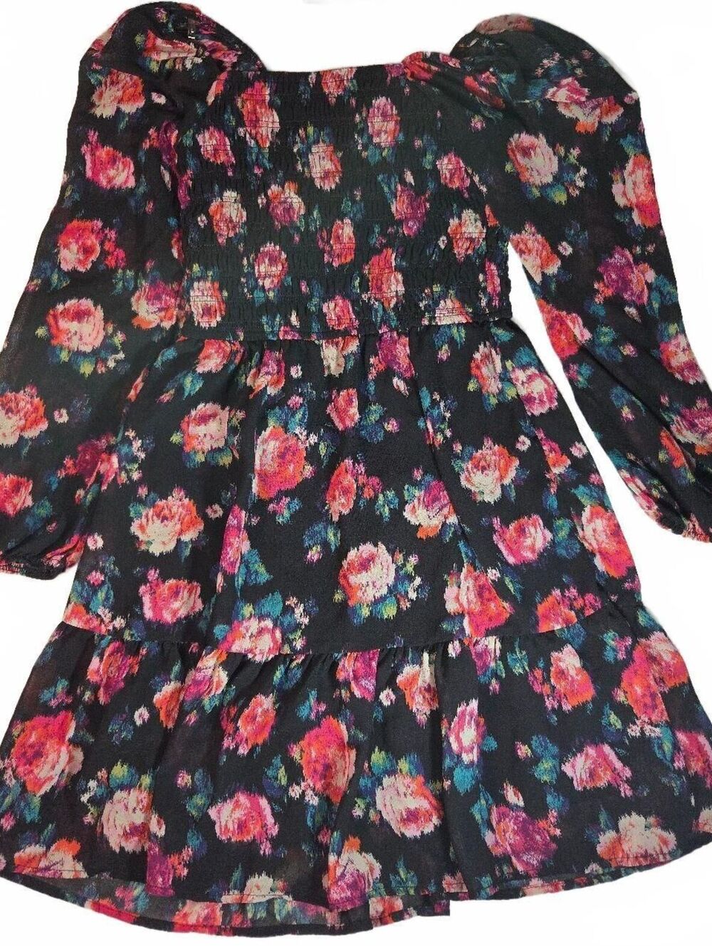 Black Floral Puff Sleeve Smocked Dress